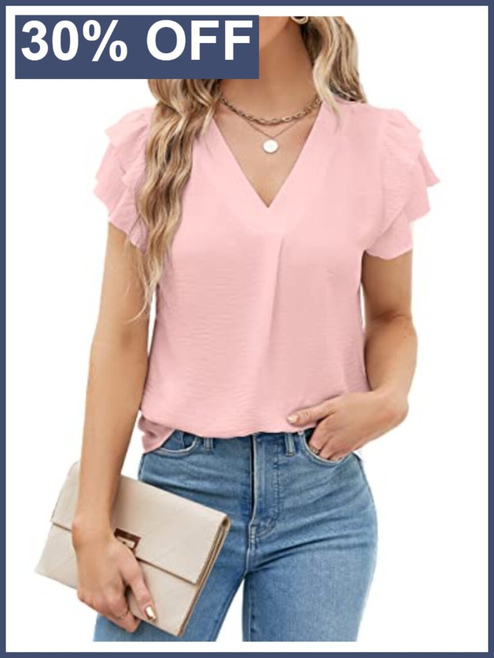 Womens V-Neck Flutter Sleeve Blouse Pleated Business Casual Work Top